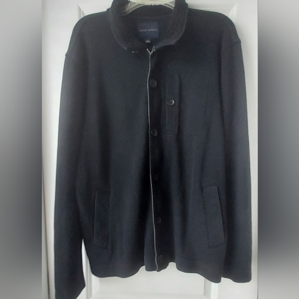 Banana Republic Jacket Men XL Black Sherpa Collar Button Zip Cabincore Shacket